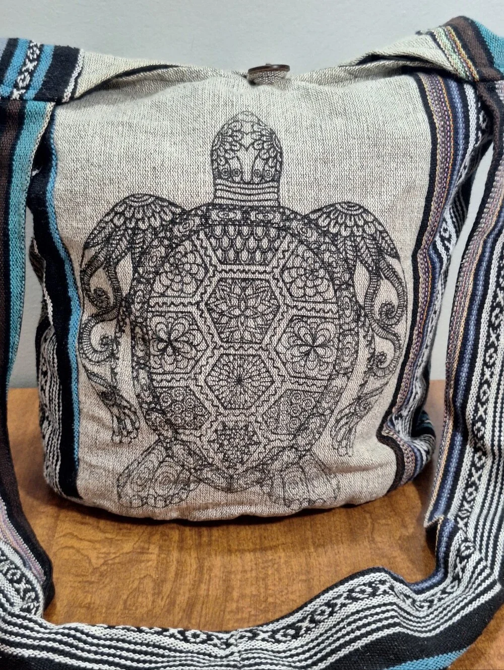 Handmade Cotton Sea Turtle Hobo Crossbody Sling Bag Wide Strap Gray Boho Hippie